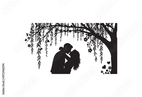 Silhouette of a loving couple standing together under a tree in a peaceful park landscape with nature and family warmth