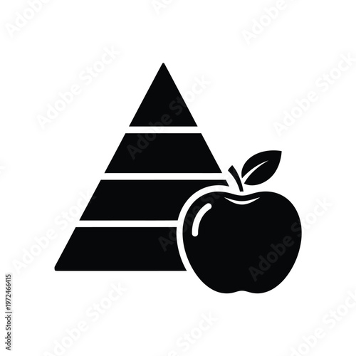 A simplified black and white depiction of a food pyramid alongside a bright red apple illustration