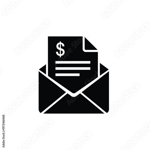 A black glyph depicts an open envelope containing a document with a prominent dollar sign on it