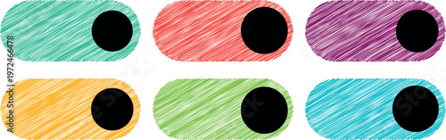 A set of six toggle switch buttons featuring a hand-drawn scribbled texture. These unique artistic vector elements add a playful and creative touch to any user interface design.