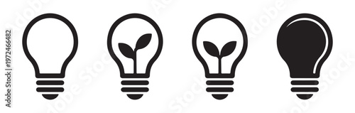 Set of black light bulb silhouettes and outline icons for startup concepts and eco friendly energy branding.