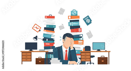 Overworked Businessman Stressed by Huge Piles of Paperwork and Heavy Workload in Office Flat Illustration