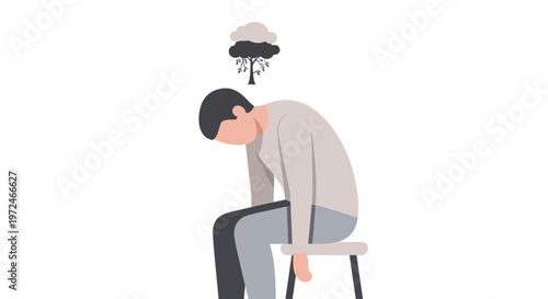 Depressed Man Sitting on Chair with Withered Tree Symbolizing Mental Fatigue and Burnout Flat Illustration
