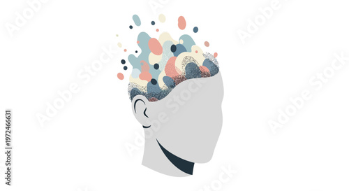 Mental health concept illustration of creative thinking and emotional overwhelm with colorful abstract shapes in minimalist stipple art style.