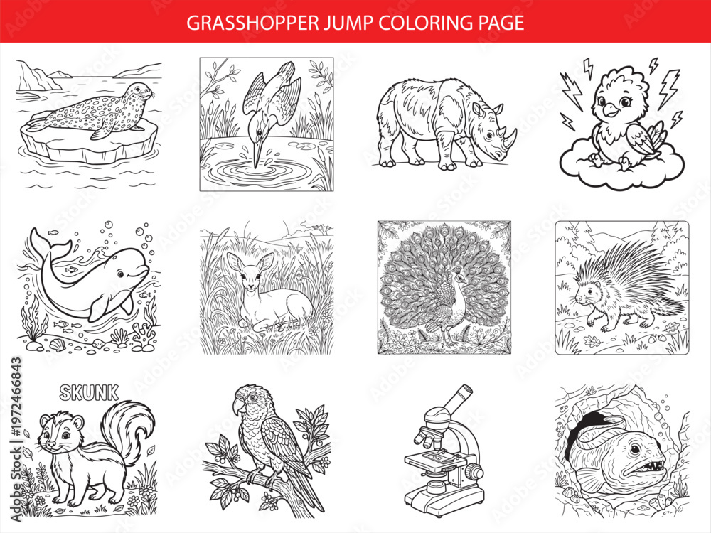Obraz premium Grasshopper jump coloring page collection featuring cute animals and scientific items in professional black and white vector line art