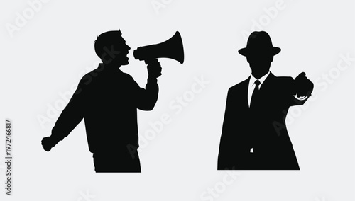 Black silhouettes of a man speaking into a megaphone and a man in a suit pointing his finger out
