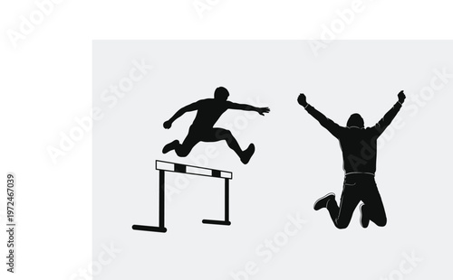 A black silhouette illustration showing an athlete jumping over a hurdle and a person celebrating