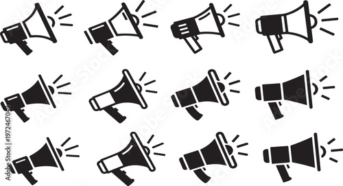 Megaphone Icon Set: A collection of megaphone icons, designed for a variety of communicative and advertising applications, each conveying the essence of announcement and message dissemination. 