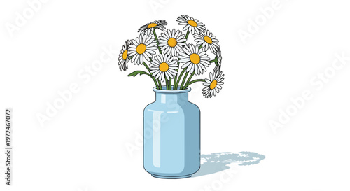Illustration of a bouquet of white daisies in a simple light blue glass vase