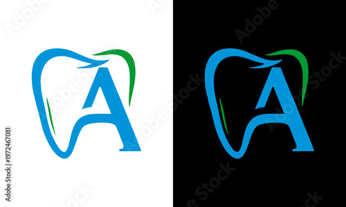 The dental logo features a stylized tooth with a green accent and blue letter A on white and black backgrounds.