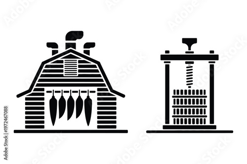 Smoked fish drying barn and mechanical press vector illustration