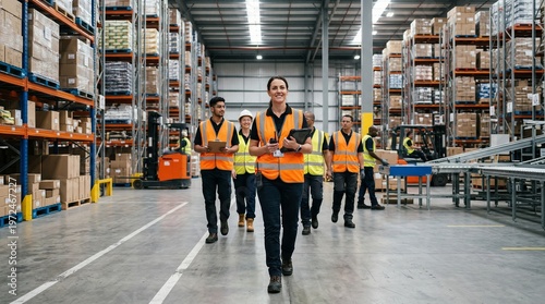 A diverse team of warehouse workers in safety vests walking confidently through a large, organized distribution center.