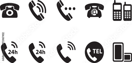 Telephone Communication Icons: A set of ten vector icons, showcasing the evolution of telephone communication, from the classic rotary dial to modern cellular devices, all rendered in a clean.