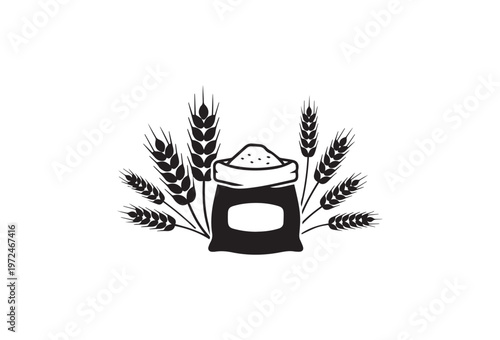 Black wheat grains and ears vector icon, agricultural symbol, grain sack illustration, farm logo design