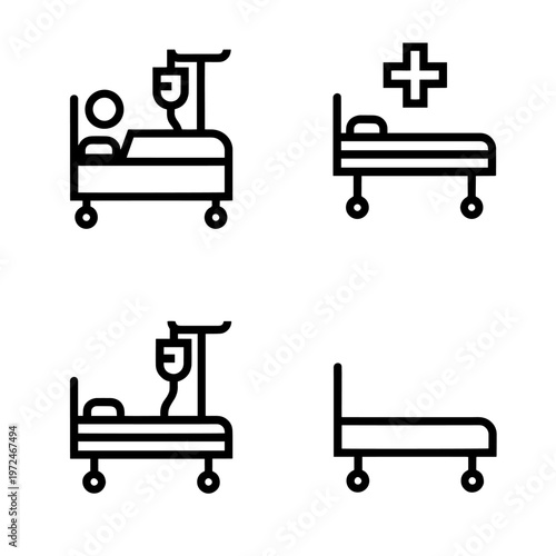 A variety of hospital bed icons illustrating patient occupancy, IV drips, and different configurations of medical beds. icon Vector illustration