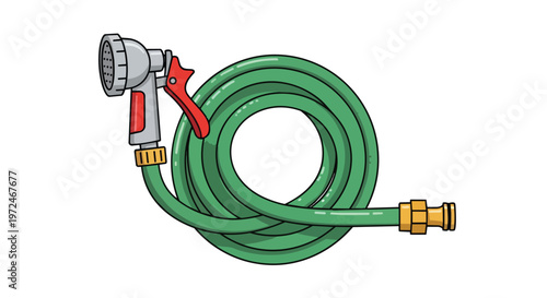Coiled Green Garden Hose with Spray Nozzle Illustration