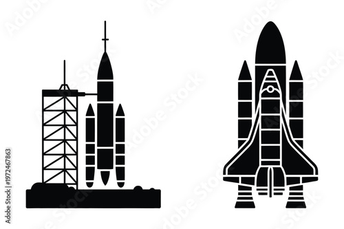 Space shuttle and rocket on launchpad, space exploration icons