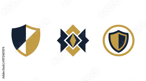 Set of Three Shield and Emblem Icons: Security, Protection, and Trust Symbols