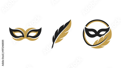 Masquerade Masks and Feather Icons Set