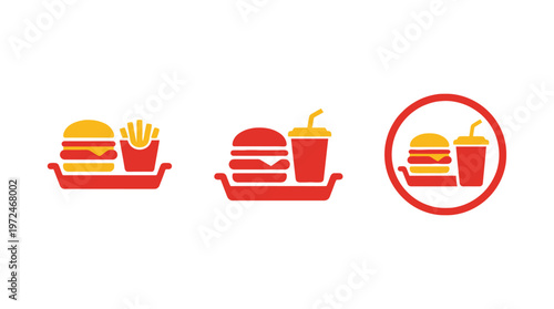 Fast Food Meal Icons: Burger, Fries, Drink Set on Trays