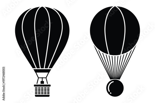Hot air balloon and parachute, aviation icons