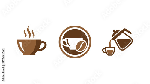 Coffee icons set: cup with steam, coffee bean emblem, and pouring coffee.