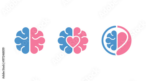 Brain and Heart Icons: Logic vs Emotion, Mind and Soul Connection