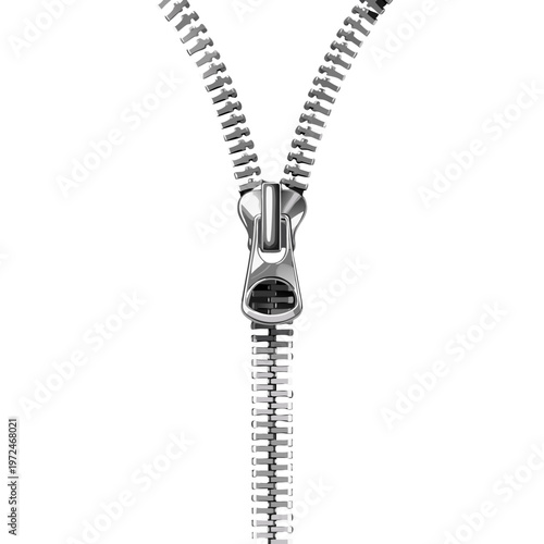 Open Metallic Zipper Vector Illustration - Realistic Silver Zip Fastener on Black Fabric Background Isolated