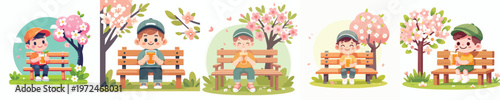 vector of a little boy sitting on a park bench drinking iced orange juice together in spring