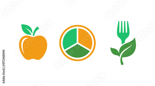 Healthy food icons: apple, pie chart, fork with leaf on white background