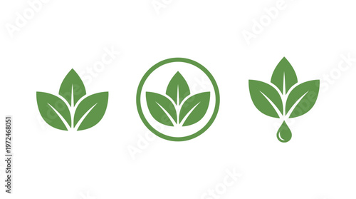 Green Leaf Icons Set: Nature, Organic, Ecology, Health, and Droplet