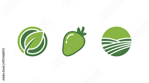 Green Icons: Leaf, Strawberry, and Farm Fields - Eco-friendly and Organic Concept