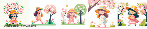 vector of a little girl walking drinking iced orange juice together in spring
