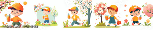 vector of a little boy walking drinking iced orange juice together in spring