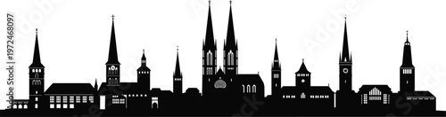 European city skyline silhouette vector illustration, historical gothic cathedral and church towers, traditional medieval architecture urban landscape isolated on white background, black