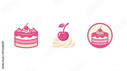 Pink Cherry Cake Icons Set, Sweet Dessert Vector Illustrations