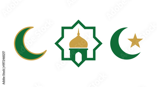 Islamic Symbols: Crescent Moon, Star, and Mosque Icon on White Background