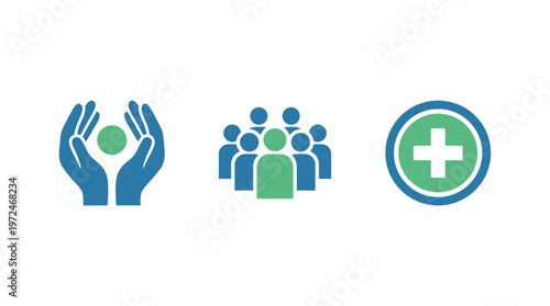 Healthcare icons: Hands holding globe, group of people, medical cross