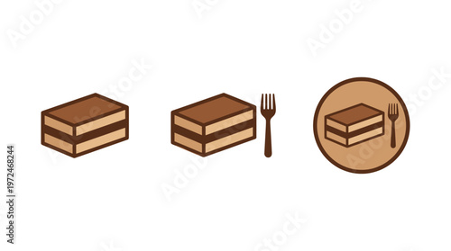 Tiramisu Dessert Icons: Layered Cake, Fork, and Circular Emblem