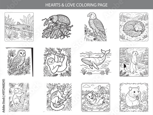 Hearts and love coloring page featuring fish beetle eagle fox owl sloth whale ferret opossum lemur pig and hamster line art set