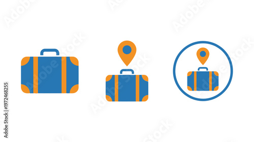 Blue travel suitcase icons with location pin, vector illustration