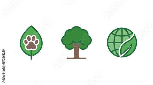 Eco-friendly icons: paw print leaf, tree, and globe with leaf