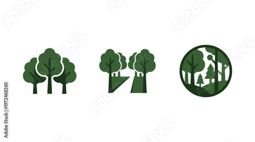 Set of green forest icons and emblems on white background