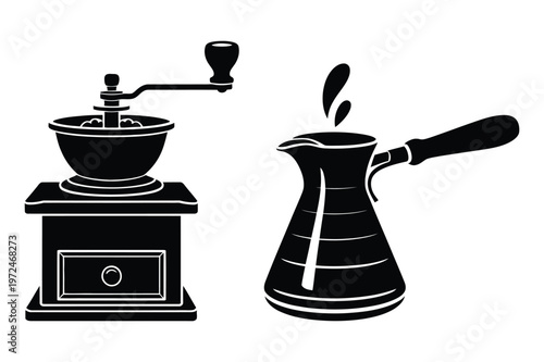 Coffee grinder and cezve pot, coffee making icons
