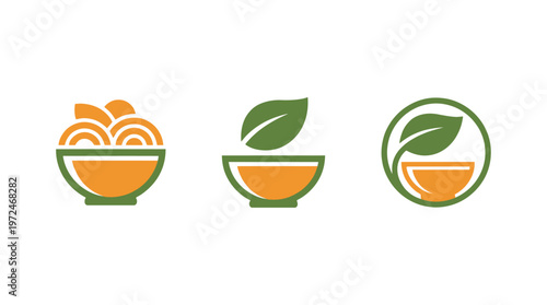 Healthy Food Icons: Bowls with Noodles, Leaf, and Circle Emblem
