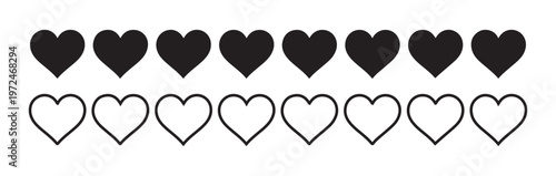 Eight filled black and eight outline black heart icons conveying love emotion and preference graphic elements.