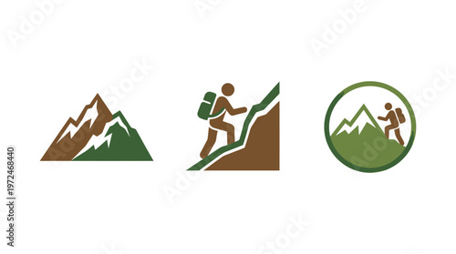 Hiking Adventure Icons: Mountain Climb, Trekker Silhouette, Circular Emblem