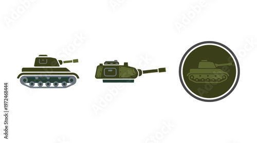 Military Tank Icons: Front, Side, and Emblem Views
