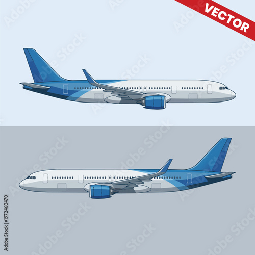 Dual View Commercial Airliner and Passenger Jet Vector Collection Side Profile of Two Modern Transport Aircraft Aviation Design Elements for Travel and Logistics Industry Blue Sky Background