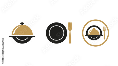 Restaurant Icons: Cloche, Plate, Fork, and Emblem - Gold and Black